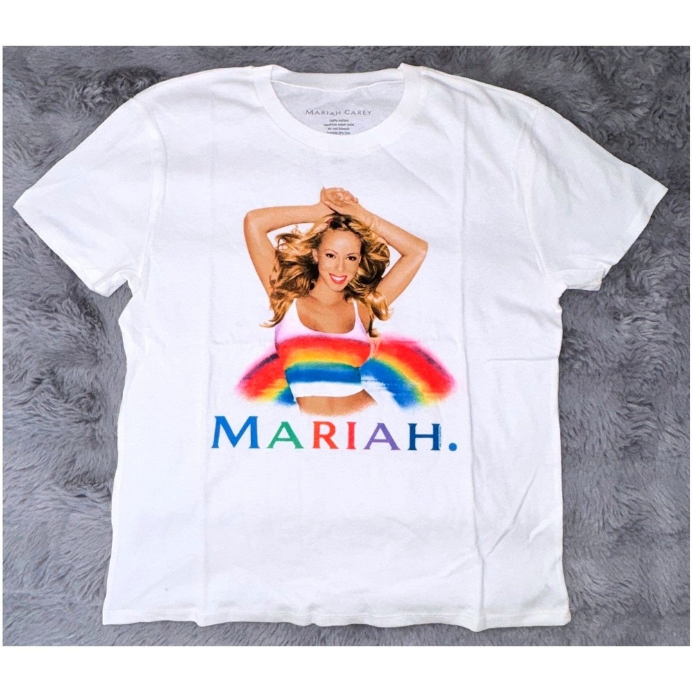 Mariah Carey Rainbow Album Graphic T-Shirt White Size XS Cotton Music Tee
